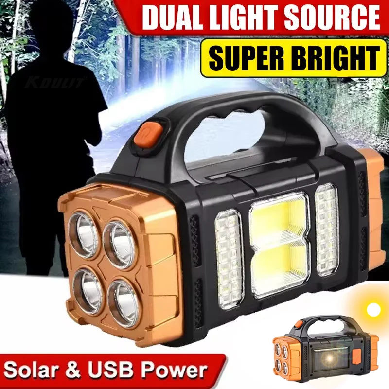 Multifunktionale solarbetriebene wiederaufladbare LED-Taschenlampe mit zwei Lichtquellen, tragbare Hochleistungs-Taschenlampe, Outdoor-Campinglampe
