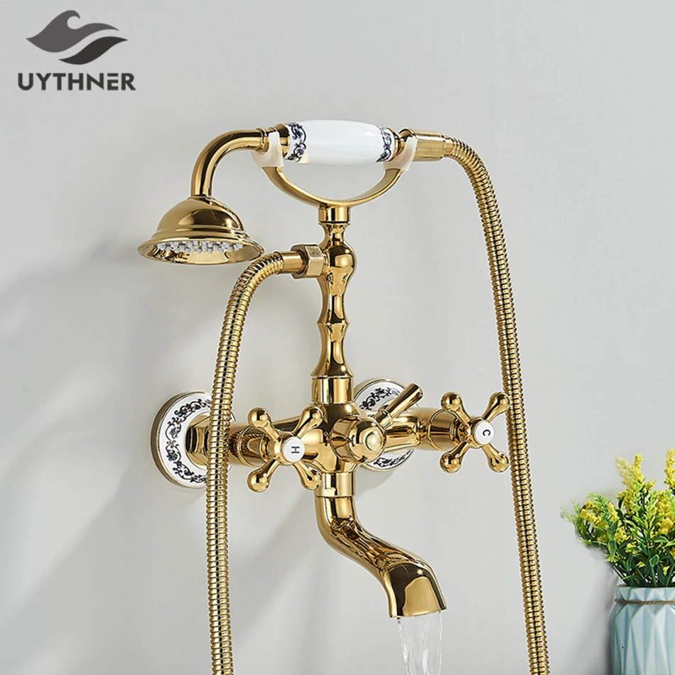 Luxus golden schwarz Badewanne Wasserhahn Mischbatterie Telefon Stil mit Sprayer Hand brause drehen Auslauf wanne heißes kaltes Wasser Mixer-Sets