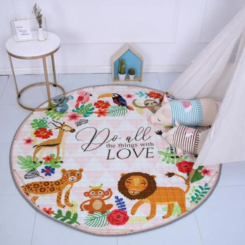 Nordischer Kinderzimmer Teppich rund 150*150cm Fuchs Kaninchen Bär Spiel matte Krabbel kissen Picknick Anitslip Tapetes Geschenk niedlichen Outdoor Tapis Boy Image