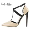 Only maker Frauen spitzen Zehen T-Riemen Stilett 12cm High Heel Pumps plus Größe elegante Damen Sommerschuhe