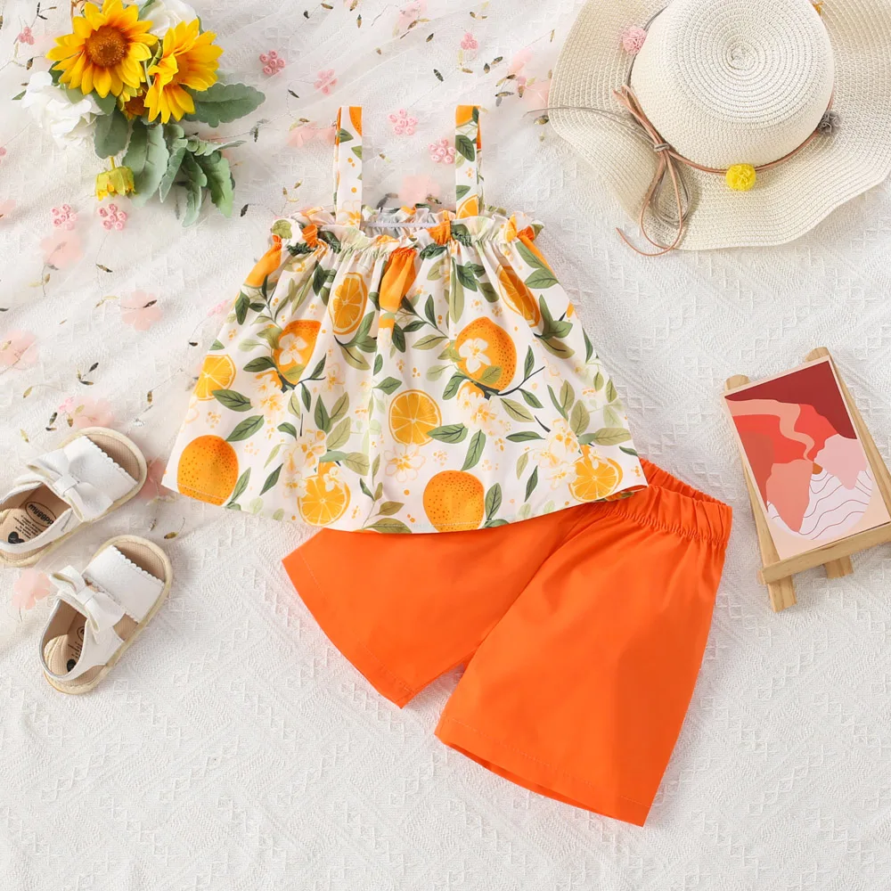 2-teiliger Sommer zweiteiliger Baby anzug mit orange farbenem Muster, hand bemalter, süßer, lässiger Mädchen anzug, Hosenträger shorts Image