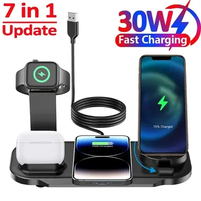 7 in 1 30w drehen kabelloses Ladegerät Stand Pad für iPhone Samsung Xiaomi Apple Watch 8 7 6 Airpods