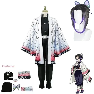 Anime Dämon Slayer Kimetsu Geen Yaiba Kochou Shinobu Cosplay Kostuum Pruik Set Kimono Uniform Image