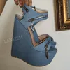 Zhima Frauen Sandalen Plattform Keile 17cm High Heels Pumps Peep Toe Denim hand gefertigte Damenschuhe Frau Größe 38 41 44 47 48