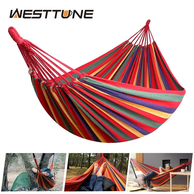 WESTTUNE Outdoor-Hängematte aus Segeltuch, Camping-Schaukel-Hängematte mit Baumseilen, tragend bis zu 200 kg, perfekt für Garten, Terrasse, Hinterhof Image