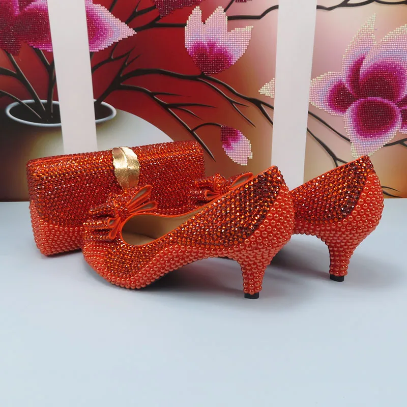 Baoyafang Orange Kristall Braut Hochzeits schuhe und Geldbörse für Frauen Perle Strass High Pumps Schuhe weibliche Round Toe High Pumps
