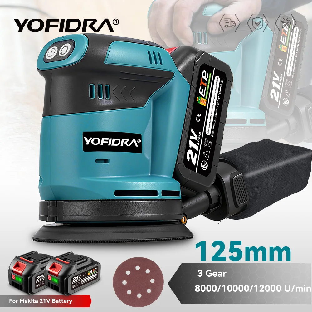 YOFIDRA Elektrischer Exzenterschleifer Holzschleifer 3-Gang Akku-Polier- und Schleifmaschine Elektrowerkzeug für Makita 21V Akku Image