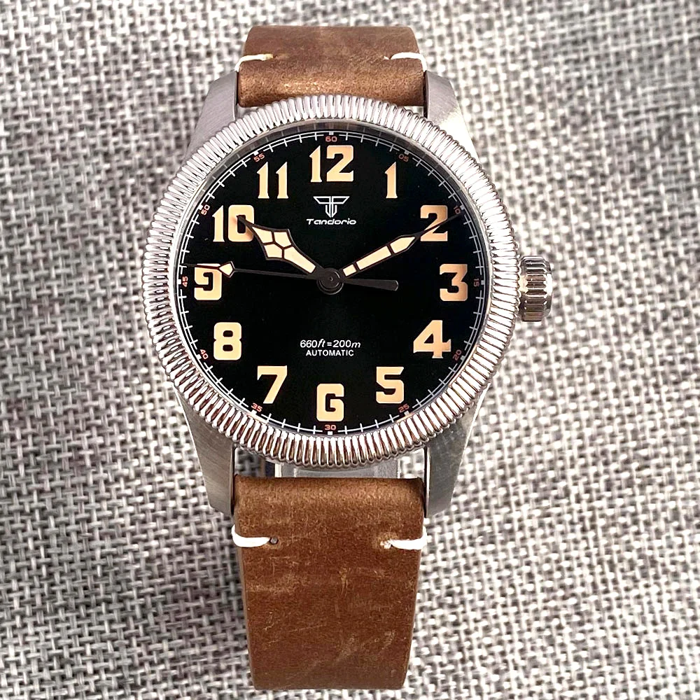Stahl Pilot Tandorio Marke 200m wasserdichte Vintage mechanische Uhr Männer Saphirglas arabische Ziffern Tauchen Retro Clcok Image