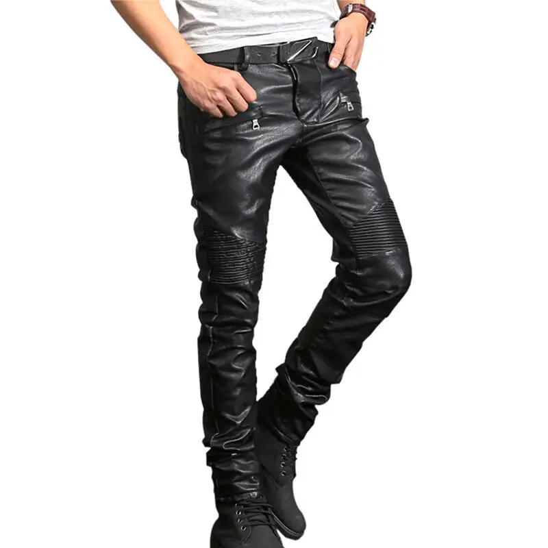 New France Style Herren zerrissene Moto Hose gerippt dünn schwarz pu Leder Biker schlanke Hose Bleistift hose Größe 29-40