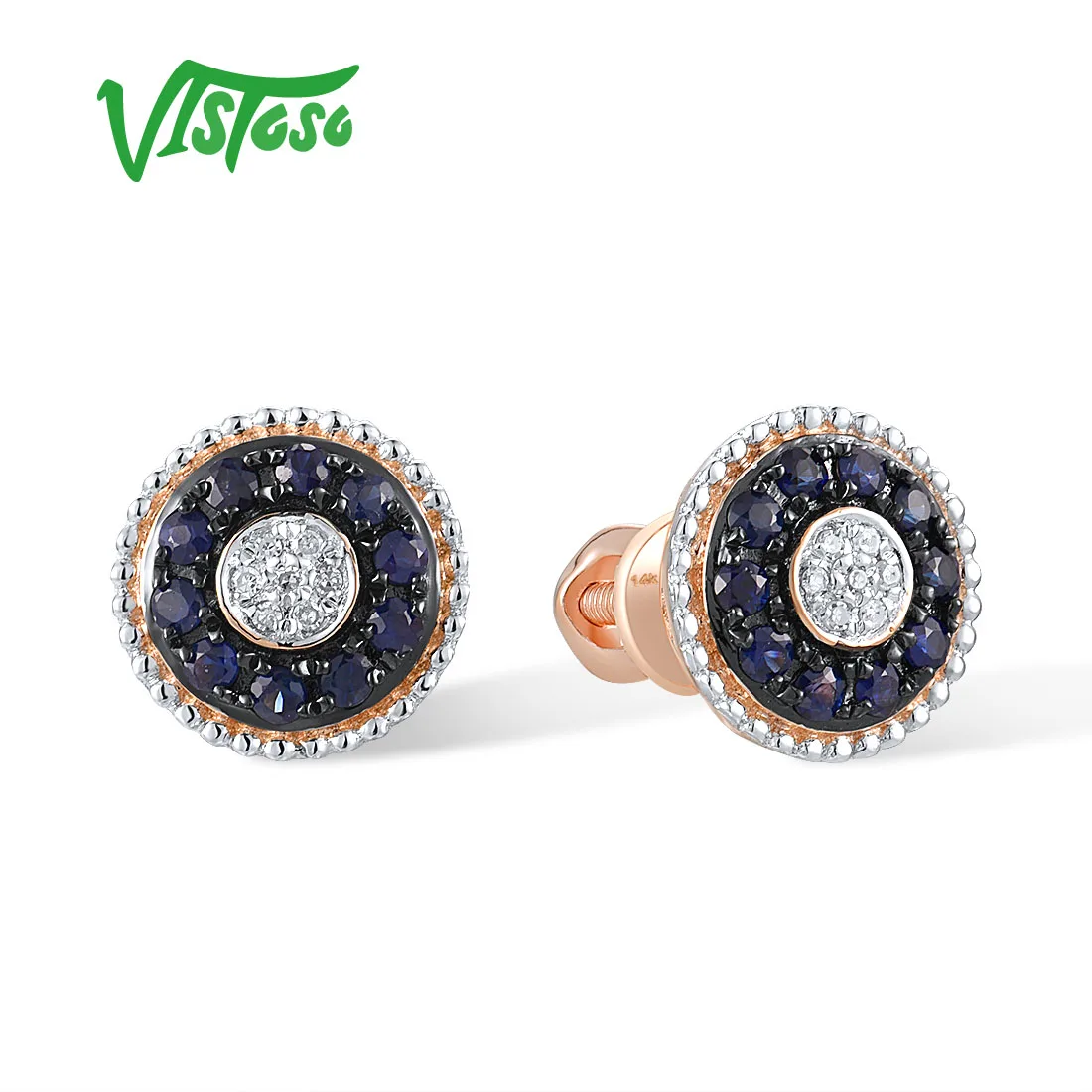 VISTOSO Echte 14K 585 Roségold Schraubohrringe für Frauen Funkelnde runde blaue Saphirdiamanten Daily Ware Trend Edlen Schmuck Image