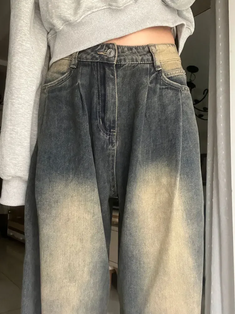 Neue Nische Retro Waschen Zu Tun Alte Hohe Taille Gerade Bein Dünne Jeans Frauen Mode Lässig Breite bein Mopp Hosen lange Hosen Image