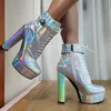 ZHIMA Damen Stiefeletten, Plattform, Reißverschluss, dicke High Heels, glänzende kurze Stiefeletten, handgefertigte Damenschuhe, große Größe 41, 46 52