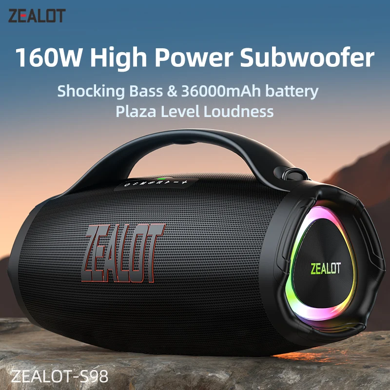 ZEALOT-S98 160 W tragbarer Bluetooth-Lautsprecher, hohe Lautstärke, wasserdicht, 36000 mAh, kabelloser TWS-Subwoofer, unterstützt USB/TF/AUX, RGB-Licht Image