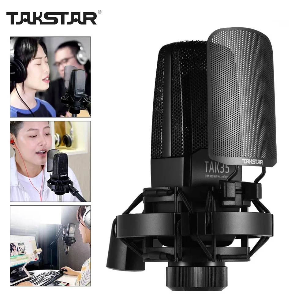 TAKSTAR TAK35 Professionelles Aufnahmemikrofon, Kondensatormikrofon mit Nierencharakteristik, Metall-Windschutzscheiben-Stoßdämpferhalterung für Karaoke-Live-Übertragung Image