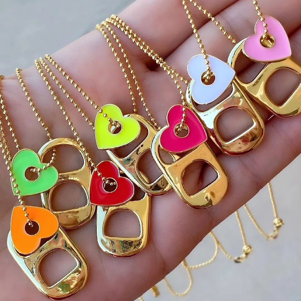 Vintage Metall Gold Farbe Kann Ring-pull Anhänger Halsketten Bunte Emaille Herzen Charme Weibliche Perlen Ketten für Frauen Tag schmuck Image