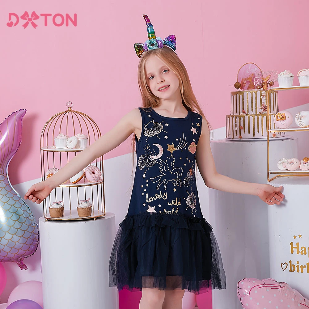 DXTON Ärmelloses Kleid Für Mädchen Sommer Einhorn Kinder Kleid Stern Brief Drucken Kinder Kleid Baumwolle Mesh Patchwork Mädchen Kleidung Image