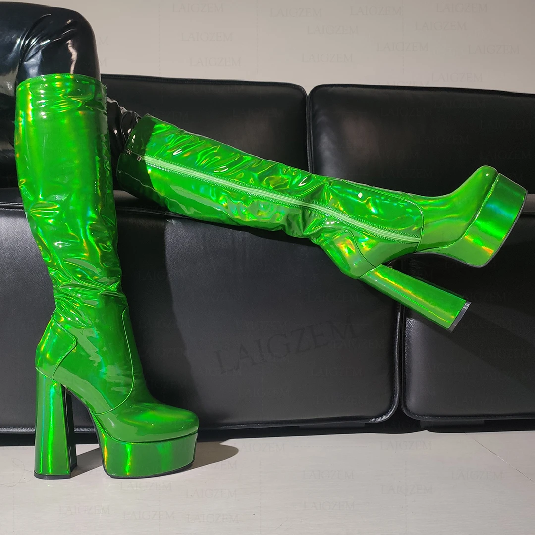 Laigzem Frauen kniehohe Plattform Stiefel dicke High Heels Seite Reiß verschluss Metallic Farben hohe Stiefel Damenschuhe Frau große Größe 33 45 47