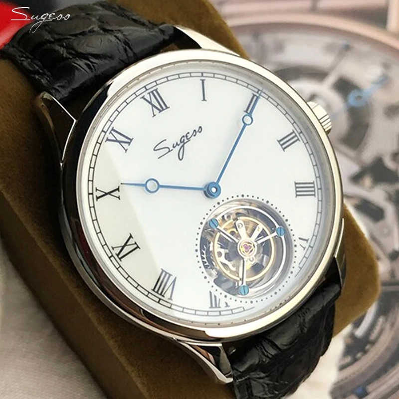 Sugess Tourbillon Uhr Handaufzug Alligator Leder mechanische Männer Uhr antike Emaille Keramik Zifferblatt Original Uhrwerk st8230