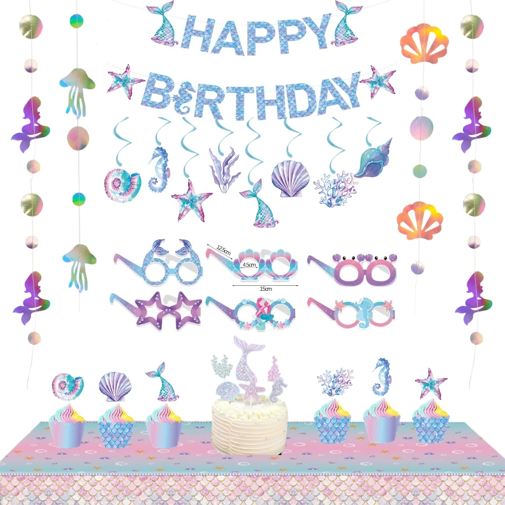 Meerjungfrau Geburtstags feier Dekorationen kleine Meerjungfrau Thema Tisch dekoration Papier Banner Girlanden Gläser Kuchen Topper Mädchen Geburtstags geschenk Image