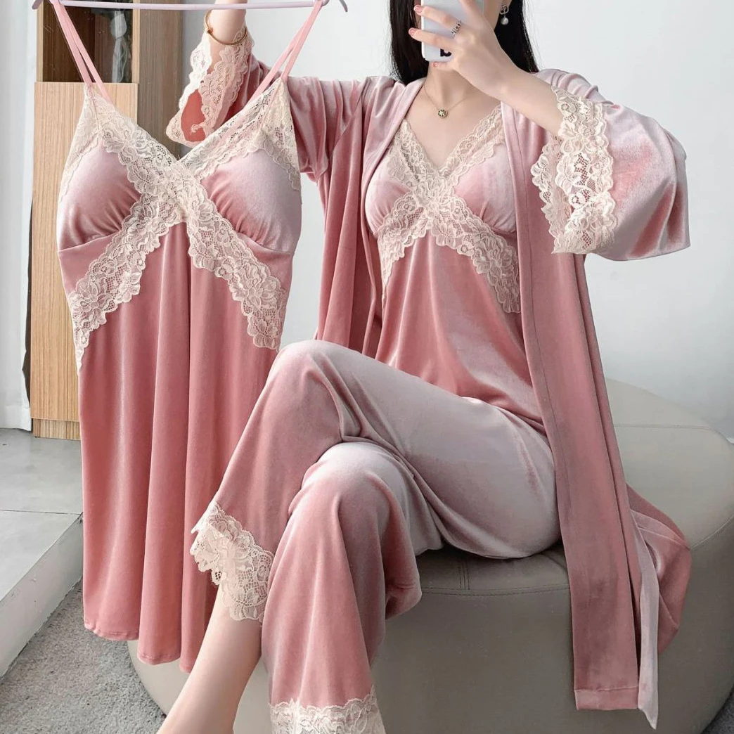 Neue Herbst Samt 3 Stück Pyjamas Set Nachtwäsche sexy Spitzen besatz Bademantel Nachthemd lose lässige Velours Home Kleidung Lounge wear Image