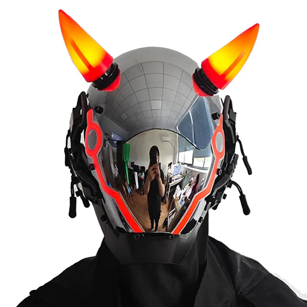 Jaupto Punk Maske für Männer, LED Ochsen horn Maske, futuristische Punk Techwear, Cosplay Halloween Fit Party Musik Festival Zubehör Image