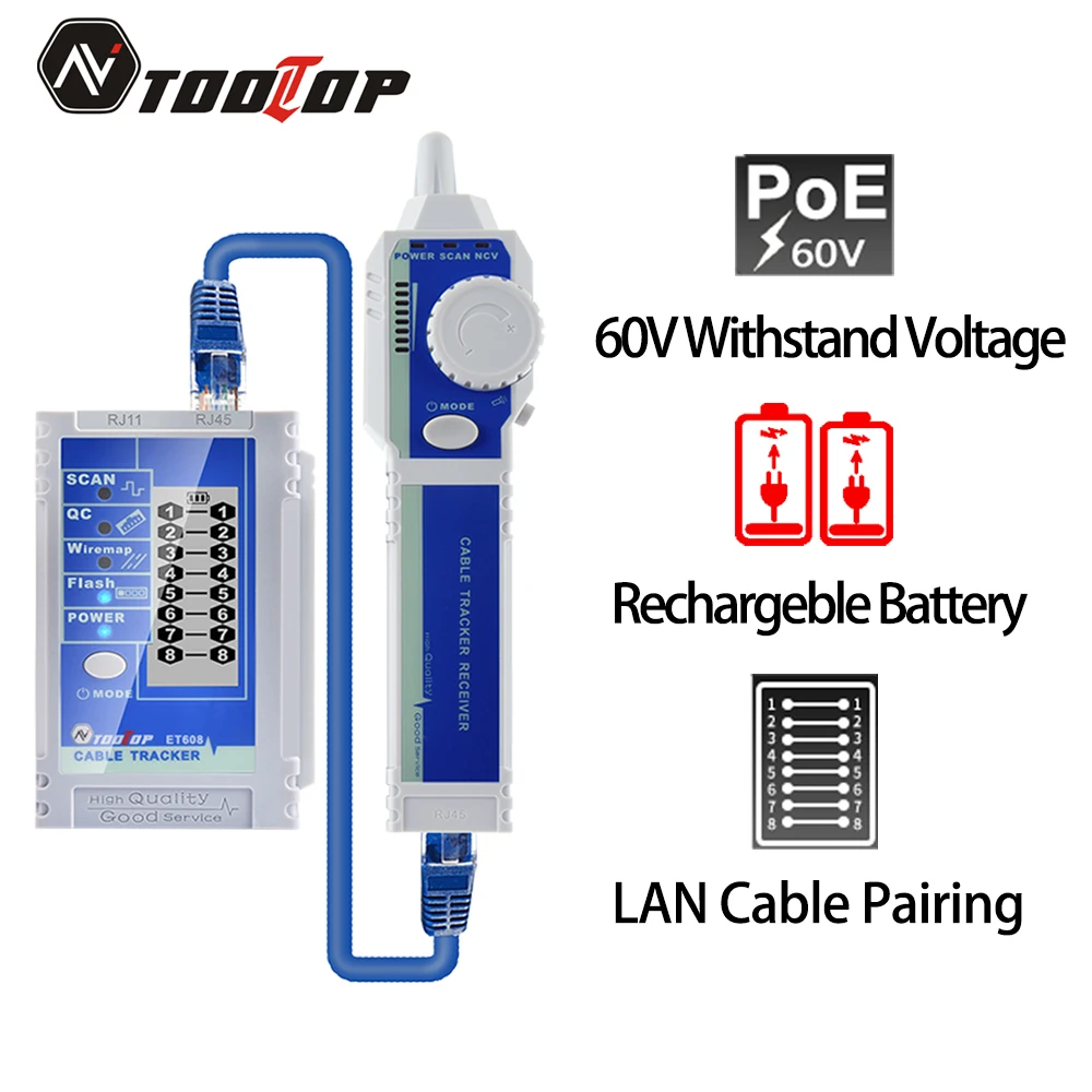 Tooltop et608 lcd netzwerk kabel tracer rj45 rj11 crimp test lan kabel tester leitungs finder 60v widerstehen für netzwerk reparatur werkzeuge Image