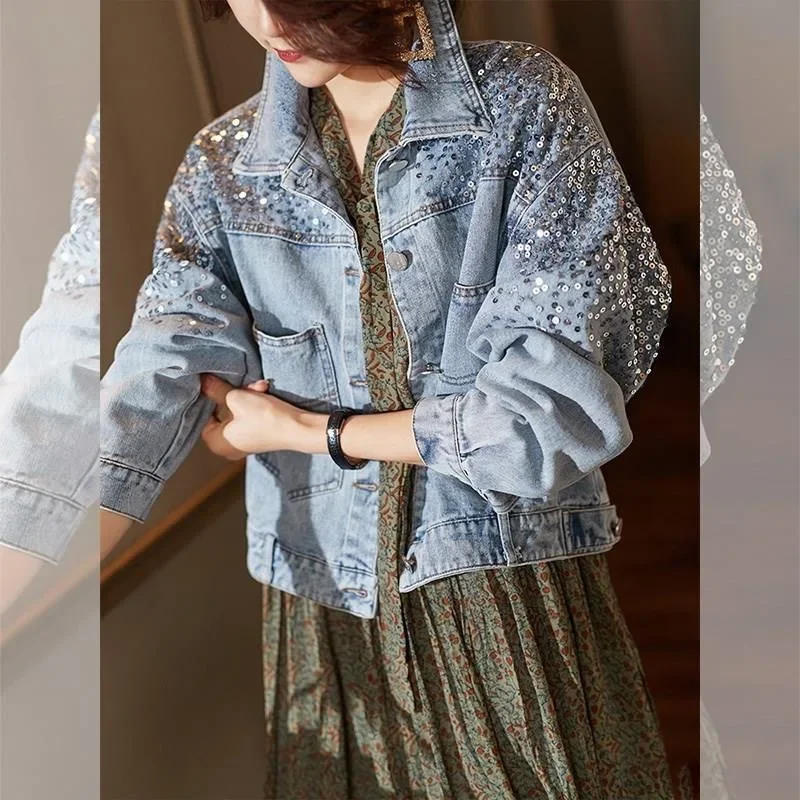 Pailletten Denim Mantel Frauen Baumwolle Frühling Herbst Ropa Cardigan Jeans Punk Gothic Bomber Jacke Wind jacke Y2k Frauen Jacken Koreanisch