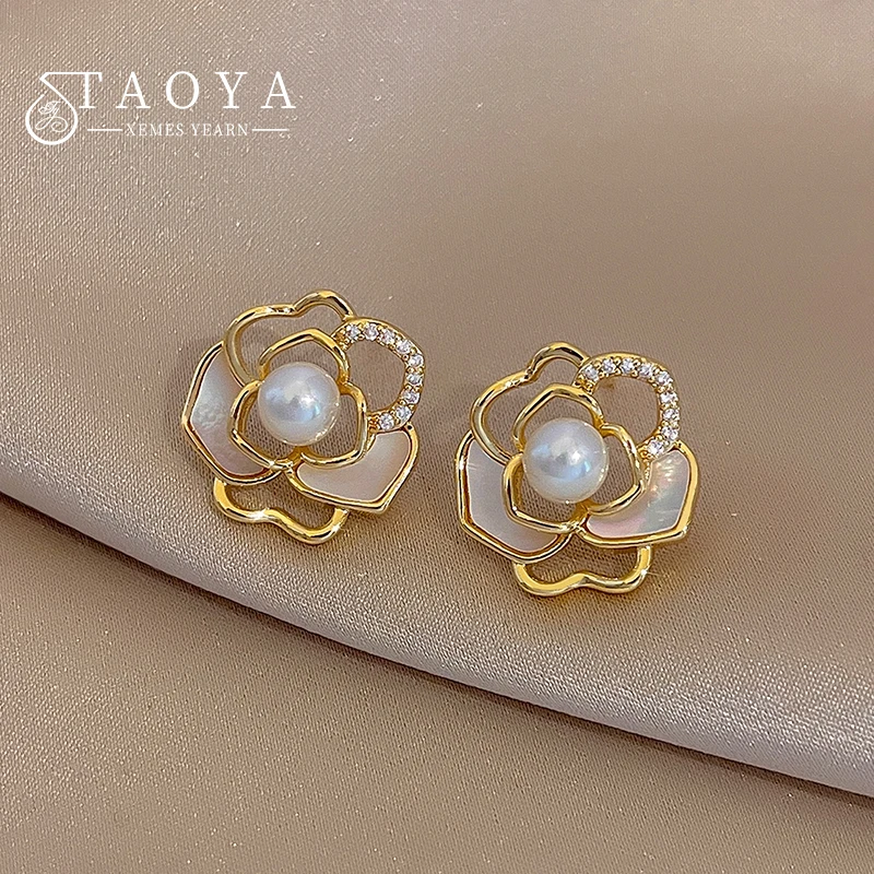 Halb ausgehöhlte Goldfarbe Magnolie Perlens chale Ohrringe Schmuck Party Mädchen Luxus Accessoires Frauen exquisite Geschenke Image