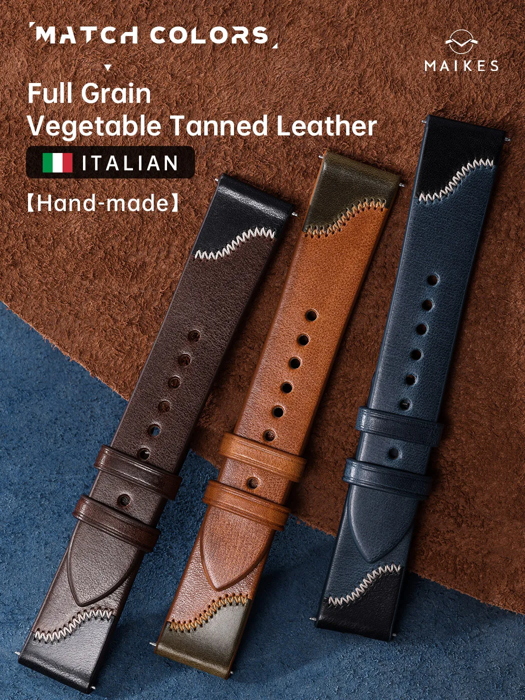 Maikes zweifarbiges Uhren armband, Schnell wechsel armbänder, Voll narben armband aus Rindsleder, 20mm, 22mm Uhren armband Image
