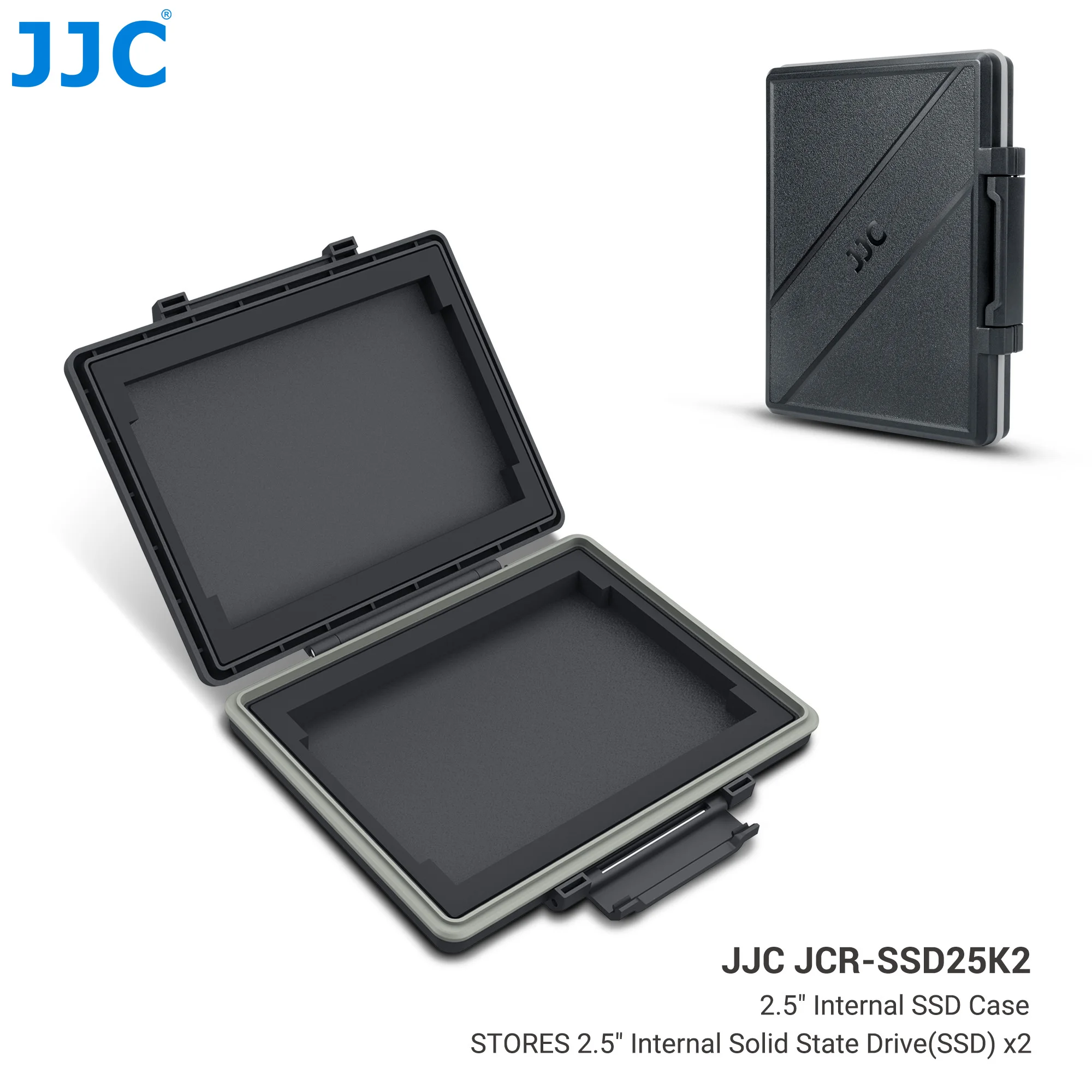 JJC 2 Slots Festplattengehäuse für SSD Solid State Festplatte, Aufbewahrungsbox, wasserabweisend und stoßfest 2,5'' SSD Auto Image