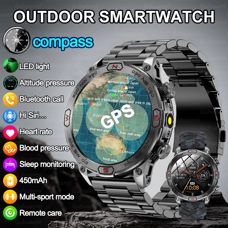 2024 neue Outdoor Militär Taschenlampe GPS Smart Uhr Mann AMOLED HD Bildschirm Herzfrequenz BT Anruf Wasserdichte Smartwatches Image
