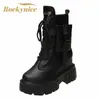 Frauen Chunky Mid-Kalb Stiefel Neue Herbst Leder Hohe Plattform Runde Kappe Damen Schuhe Punk Keil