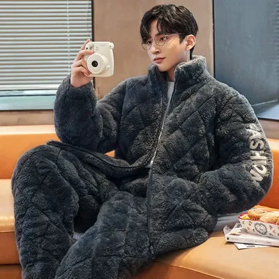 Verdickt Korallen Fleece Männer Pyjamas Set PLUS GRÖßE Nachtwäsche Winter Warme Flanell Pijamas Image