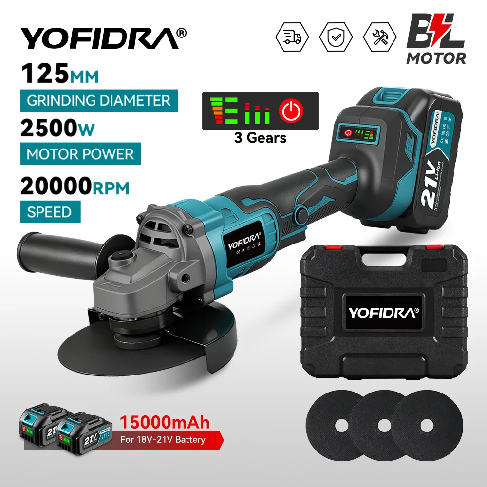 YOFIDRA 125 mm bürstenloser Winkelschleifer, kabellos, 3 Gänge, Metall, Holz, Schleifen, Polieren, Schneidwerkzeug für Makita, 21 V Batterie-Stift Image