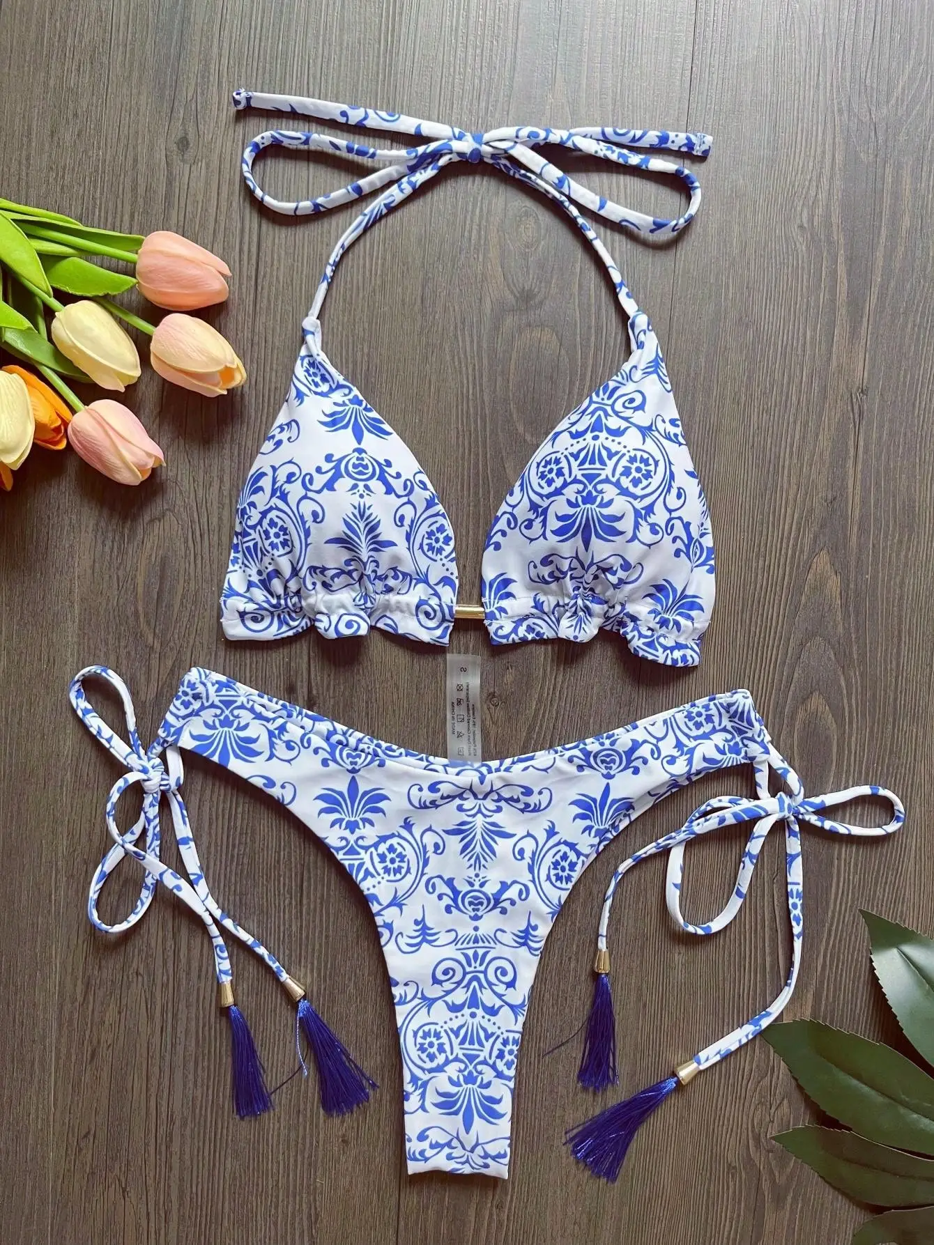 RUOTONSEPT Sexy Frauen Badeanzug Blau und Weiß Print Bikini Set Dreieck Badeanzug Halter Bademode Bandage Brasilianische Biquinis Image