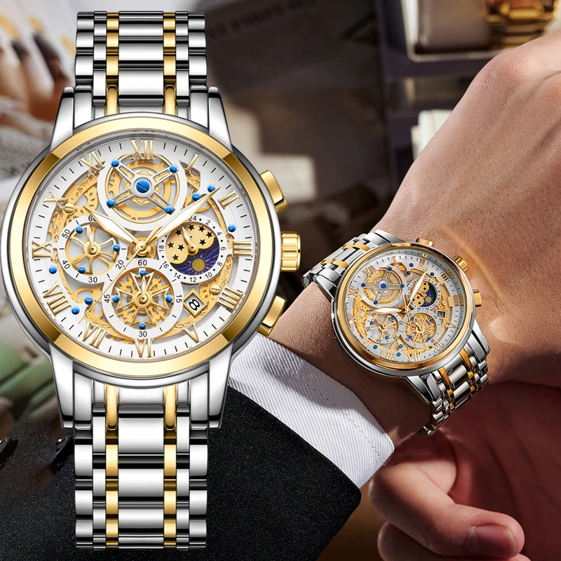 Lige Top Marke Herren uhren Luxus wasserdichte Quarzuhr für Männer Gold Skelett Mode Stil männliche Armbanduhren reloj hombre Image