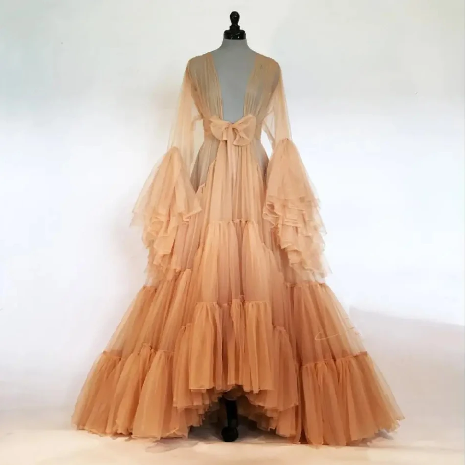 Braut-Boudoir-Kleid, Tüll-Illusion, sexy Trompetenärmel, langer Anzug, individueller Bademantel, individuelle Größe Image