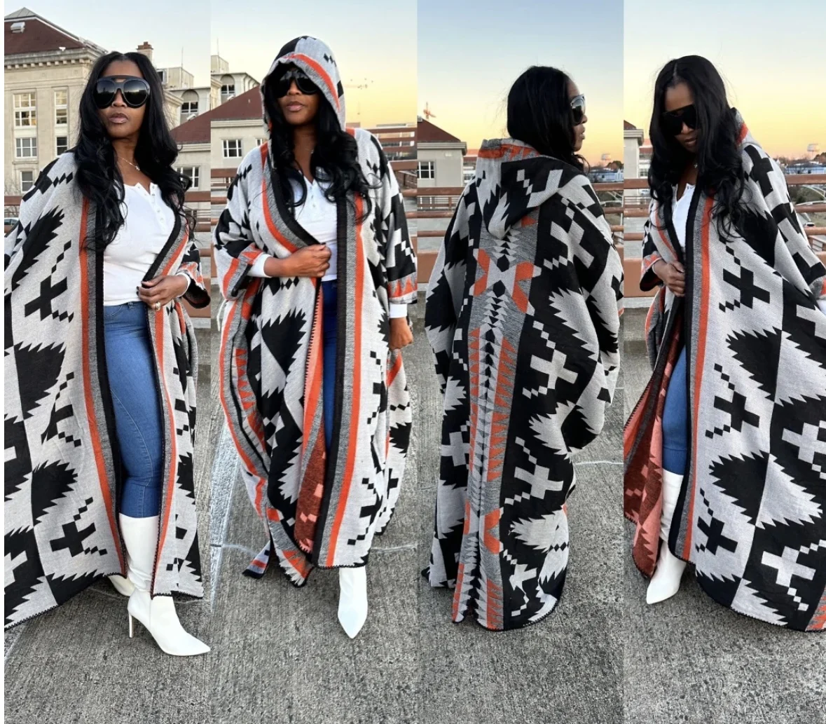 Afrikanische Frauen neue stilvolle gedruckte lange warme Strickjacken plus Größe afrikanische Bloggerin reiche Dame lose offene Front Kimonos mit Mützen Image