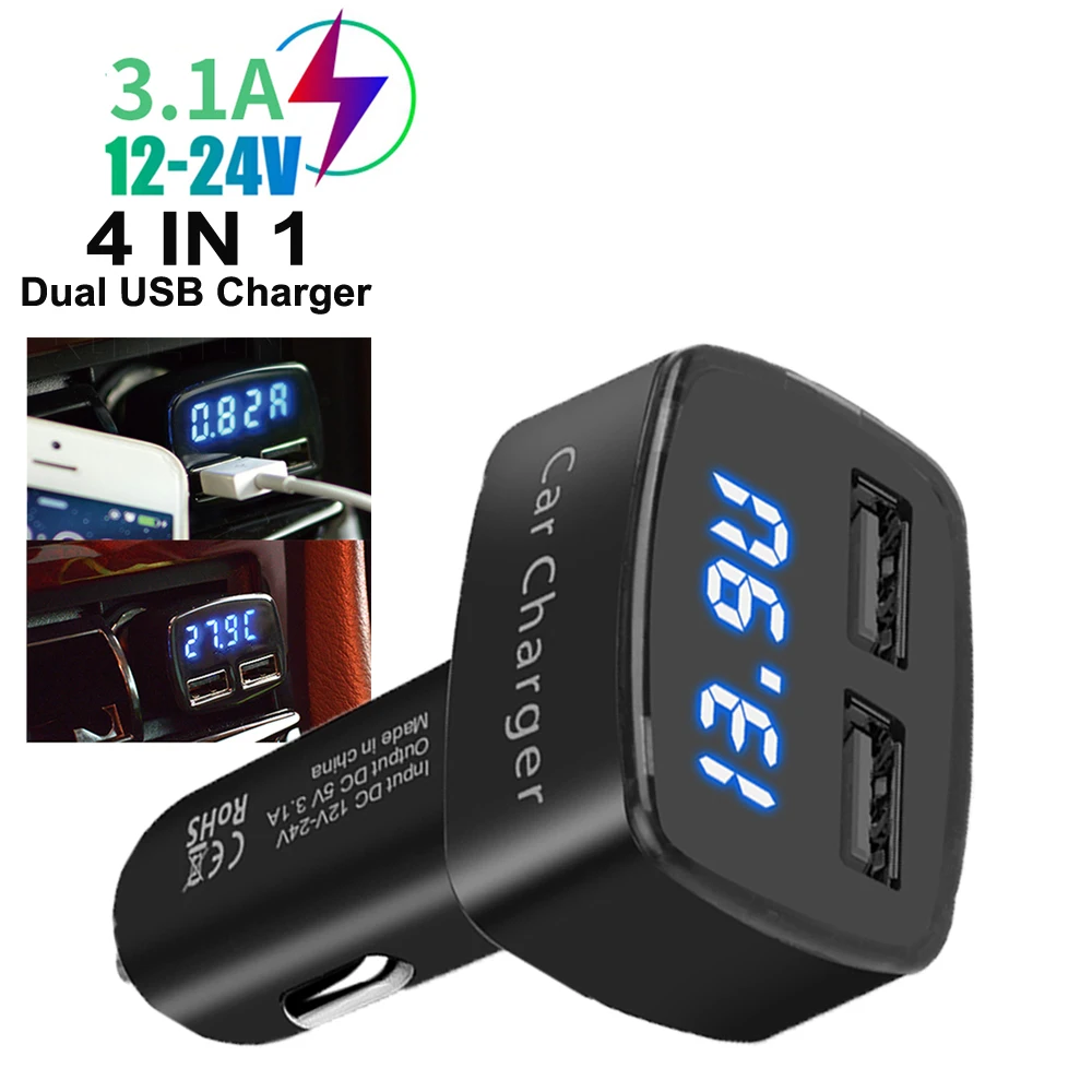 4-in-1-Autoladegerät mit zwei USB-Ausgängen, Telefon-Netzteil, digitales Voltmeter, Stromtester, Thermometer-Display, 3,1 A, universell Image