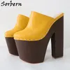 Sorbern Ingwer Gelb Pumpe Schuhe 24cm Frauen Maultiere Niet Punk Clogs Block Holz Stil Breite Heels