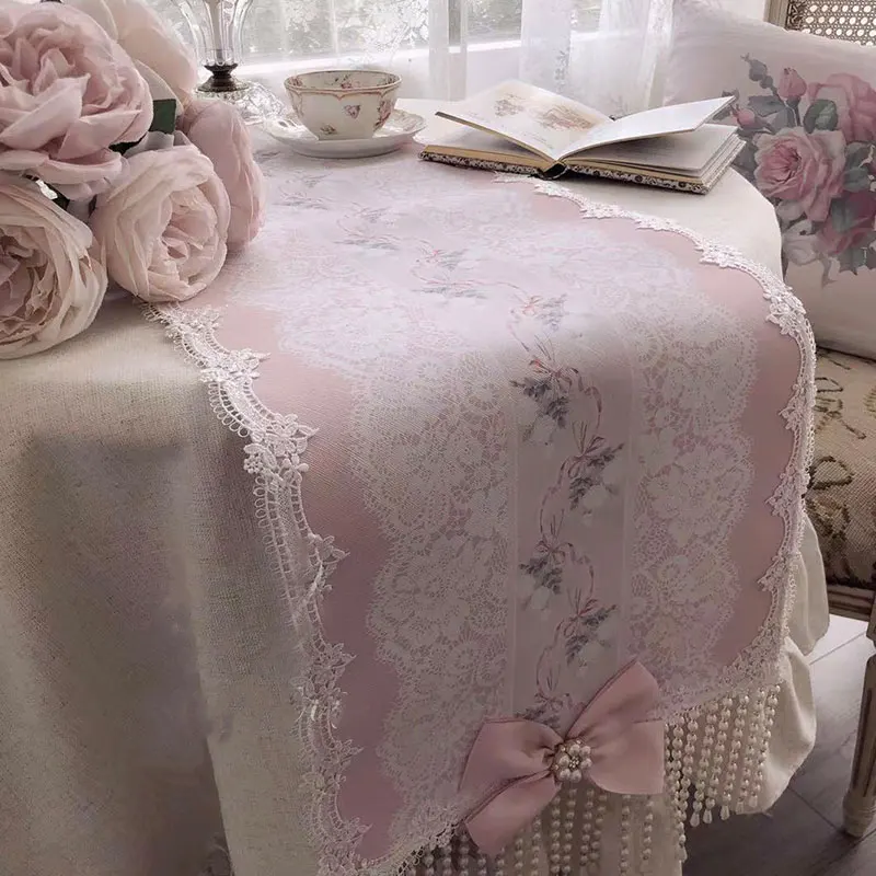 Europäische Spitze Tisch Läufer Rosa Weiß Romantische Wohnkultur Tischdecke Home Hotel Tisch Läufer Französisch Rose Print Tisch Tuch