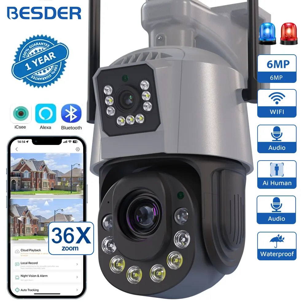 BESDER 6MP WiFi IP Kamera PTZ Outdoor Dual Screen 36X Optischer Zoom 120M IR Nachtsicht Menschliche Erkennung CCTV Überwachung Kamera Image