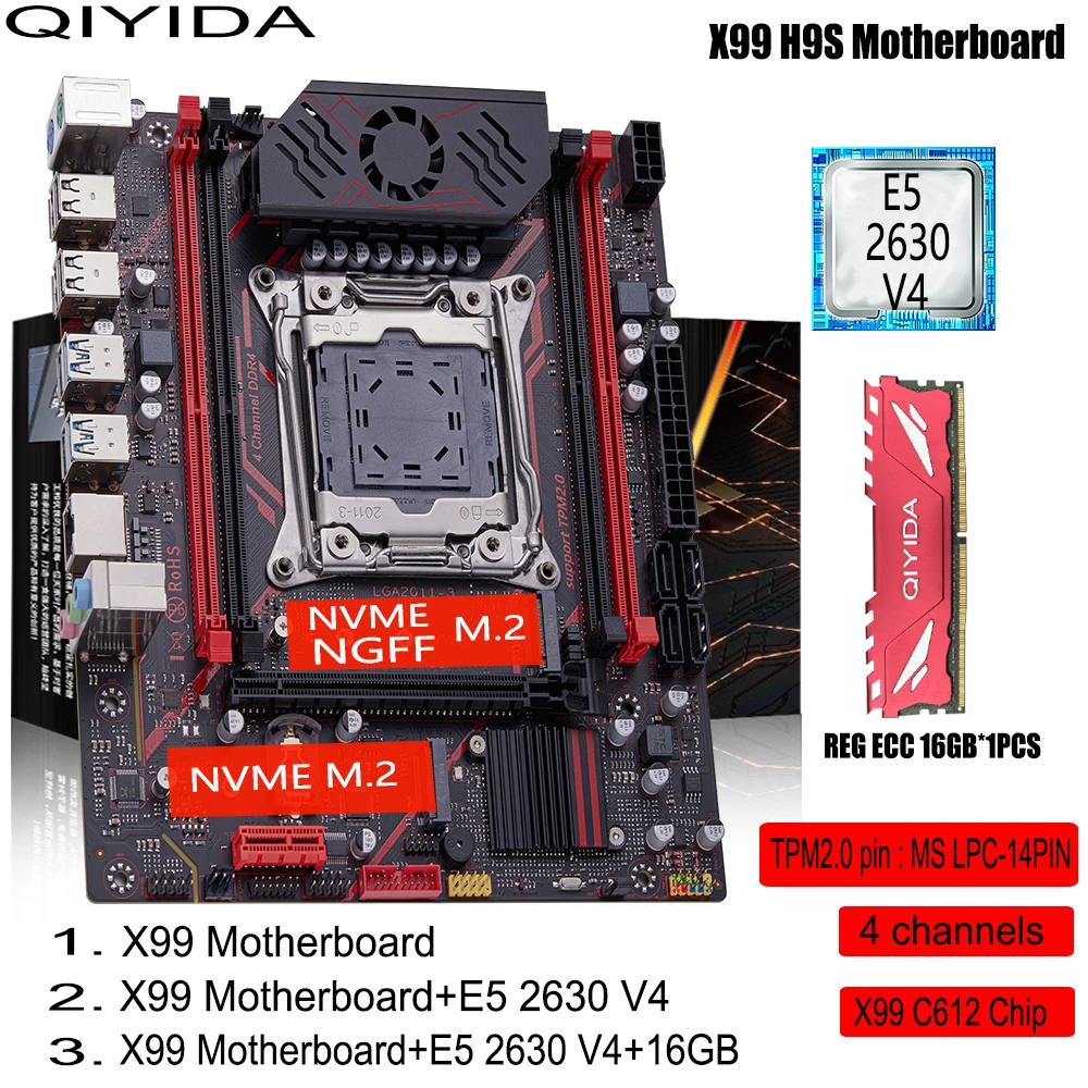 QIYIDA X99 H9S Motherboard-Set mit LGA2011-3 Xeon E5 2630 V4 CPU, DDR4 8GB Speicher, NVME M.2, TPM 2.0 Schnittstelle, SATA3 Image