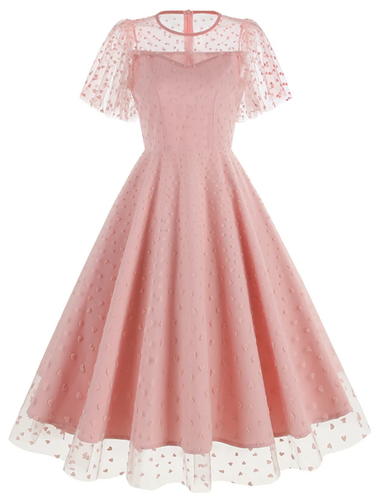 2024 neue Vintage rosa Erdbeer Mesh elegante Geburtstag lange Kleid Frauen Flare Ärmel Sommer Luxus Abschluss ball Abend Party Kleider