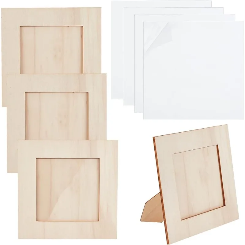 4 Stück unvollendete Holz-Bilderrahmen, quadratisch, 6,3 x 6,3 Zoll, Bastelrahmen-Set, Naturholz, DIY-Fotorahmen für Tischdekoration