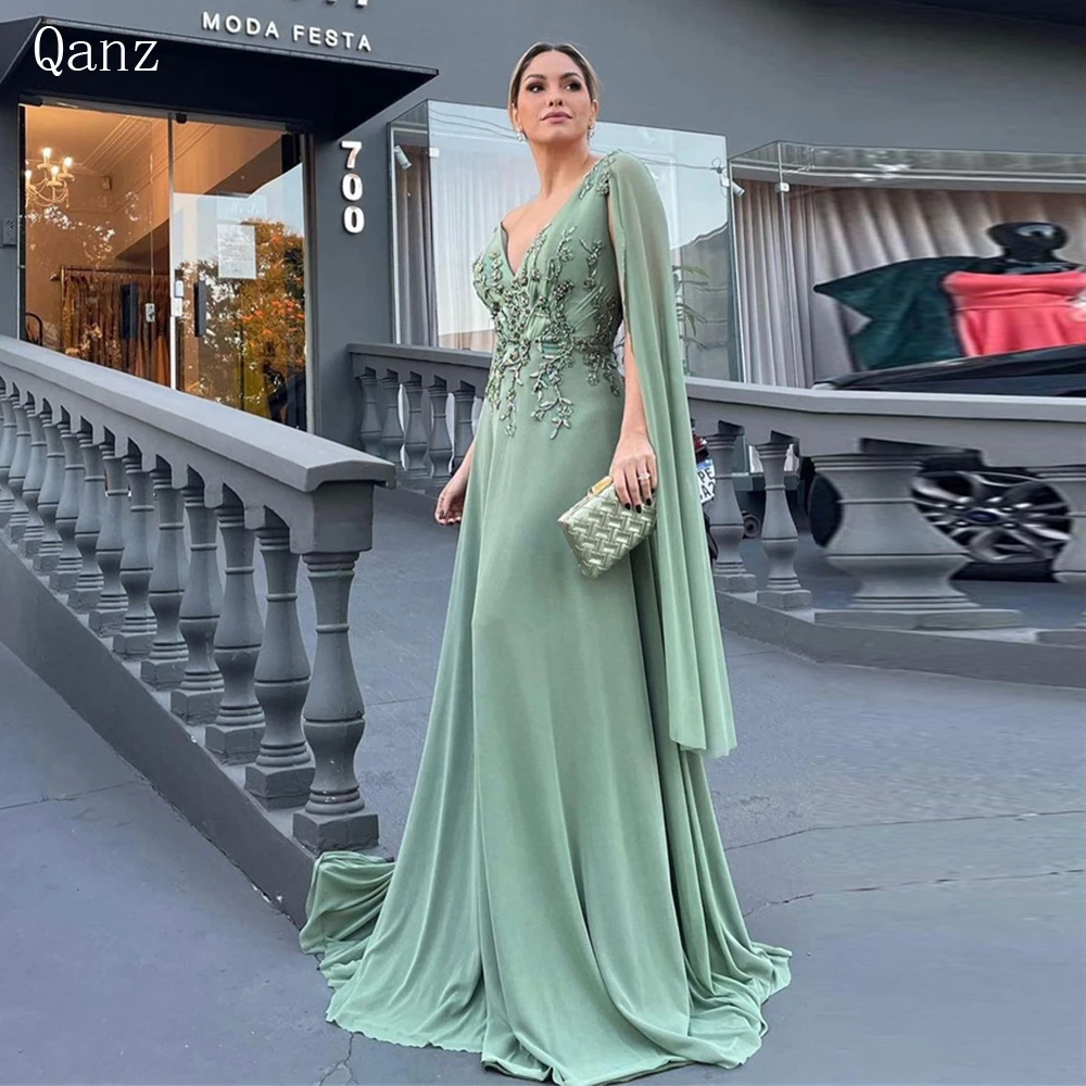 Qanz Arabisch Grün Dubai Abendkleider Cape Ärmel Elegante Frauen Hochzeit Party Kleider Sukienki Na Studniówoji Angepasst