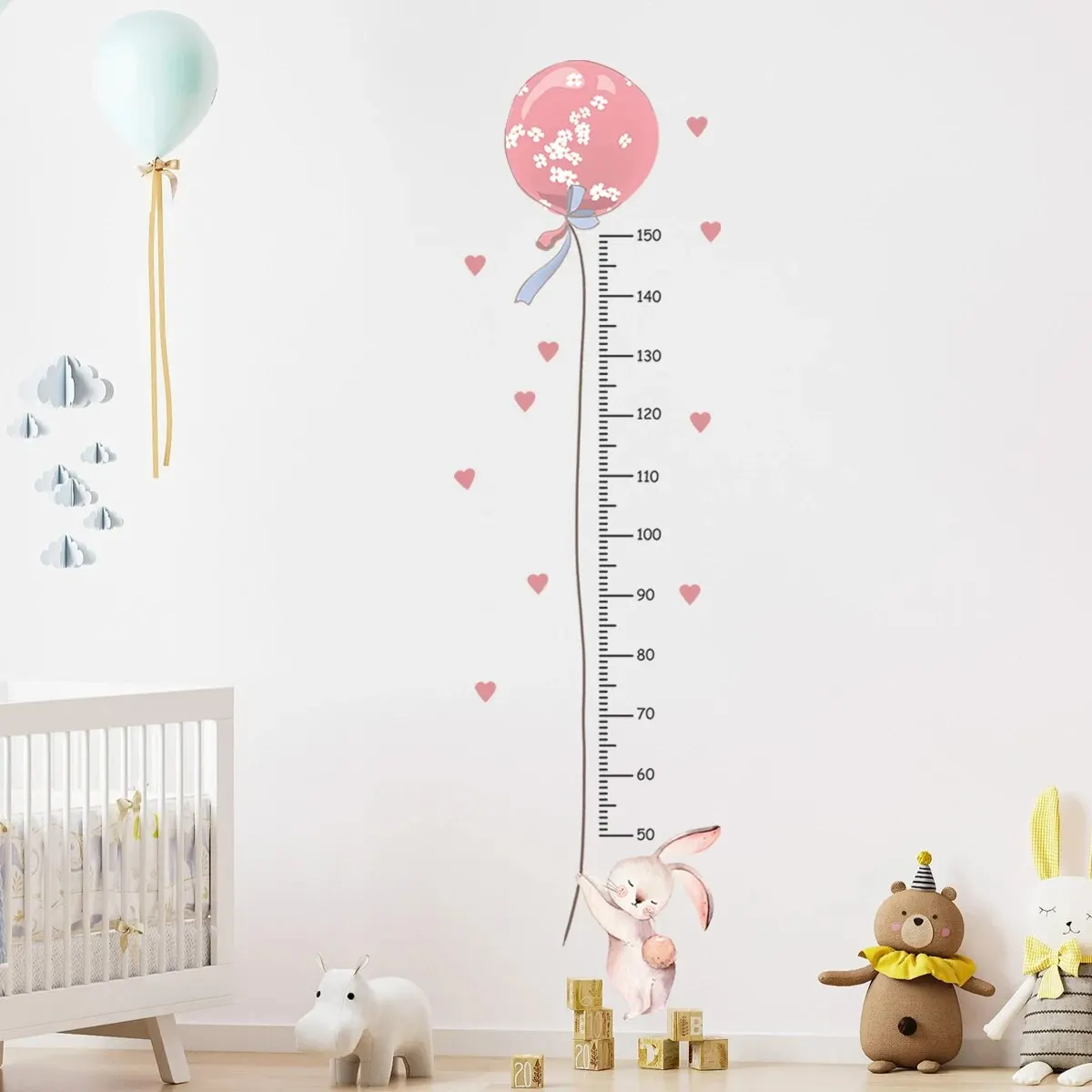 2 Stück Cartoon niedliche rosa Kaninchen Ballon Höhenmessung Wandaufkleber für Kinderzimmer Schlafzimmer Home Dekoration Wandtattoos