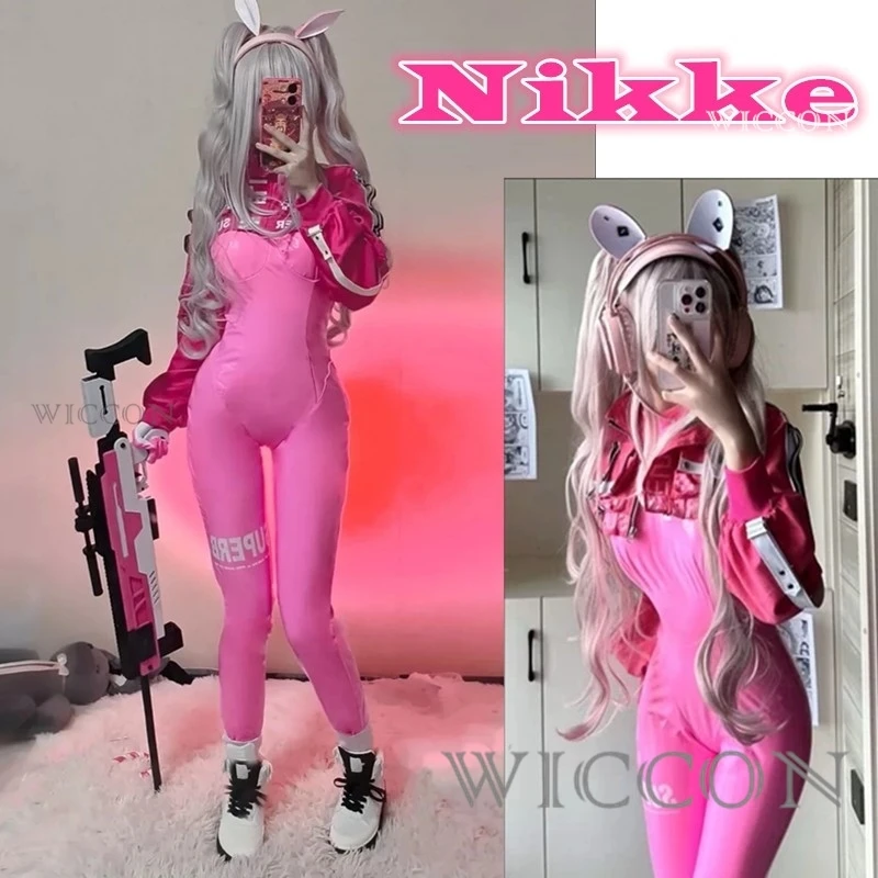 Spiel Nikke Alice Cosplay Kostüm Perücke Schuhe Sexy Latex Catsuit Body Rosa Overall Jacke Anzug Für Frauen Mädchen Maillot