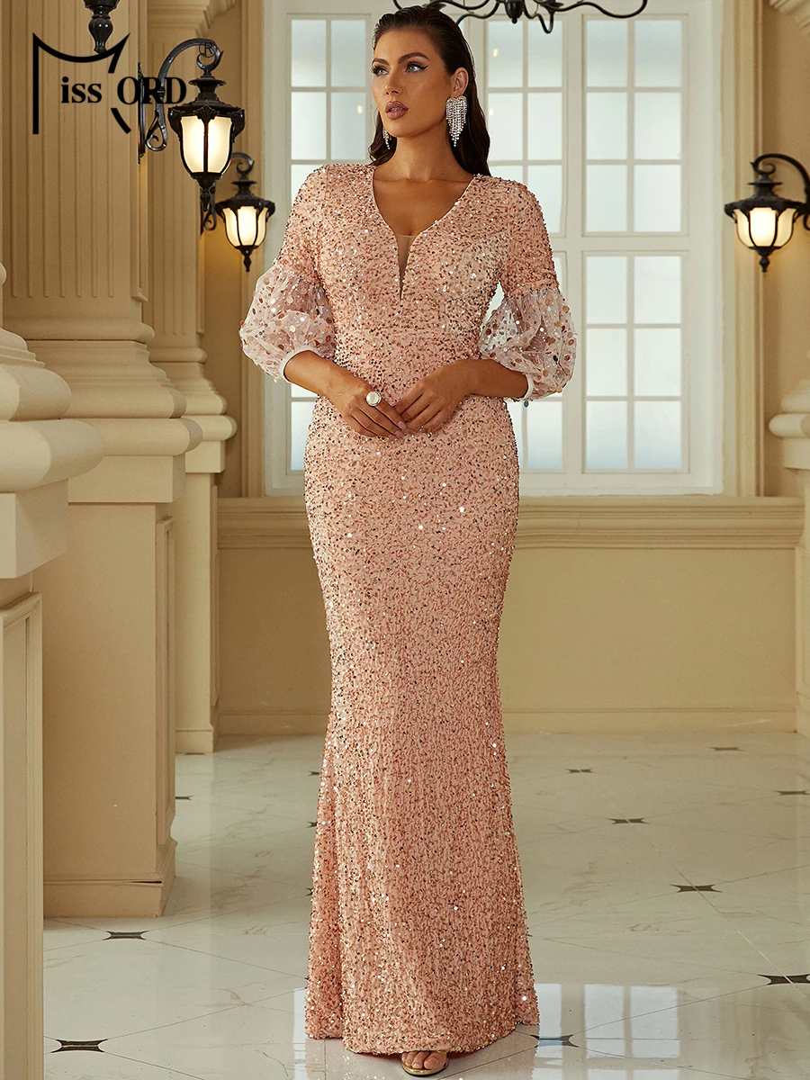 Falsche rosa Pailletten Abendkleider Frauen elegante Mesh Laterne Ärmel V-Ausschnitt Bodycon Maxi Party Abschluss ball Meerjungfrau Kleid langes Kleid
