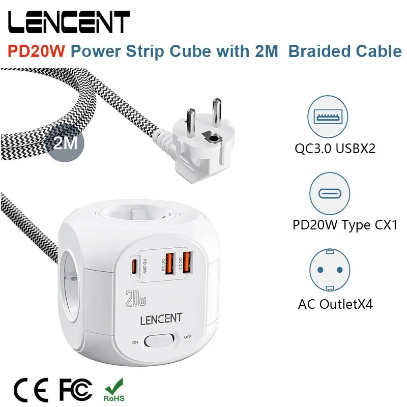 LENCENT EU-Stecker-Steckdosenleiste mit 4 AC-Steckdosen + 2 QC3.0 USB + 1 PD20W TypeC 2M geflochtenes Kabel Schnellladegerät mit Schalter für Zuhause Image